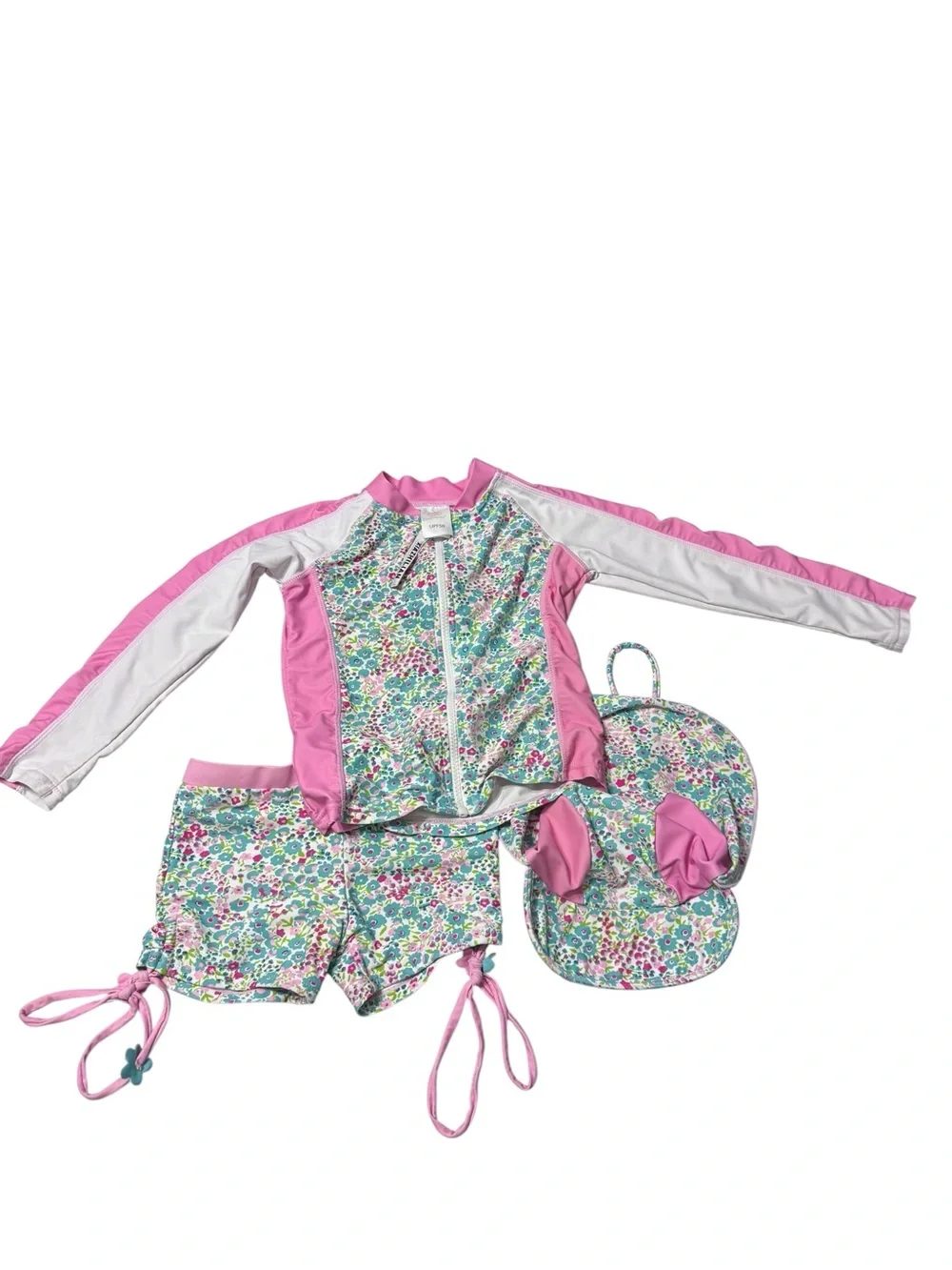 Kids Pink Floral Rash Guard Set with Hat Sz 6